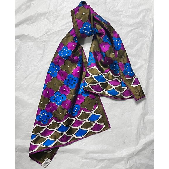 Vintage VERA Neumann Scarf ~ Signed ~ Made in Japan - Blue/Purple/Antique Gold - Picture 3 of 8